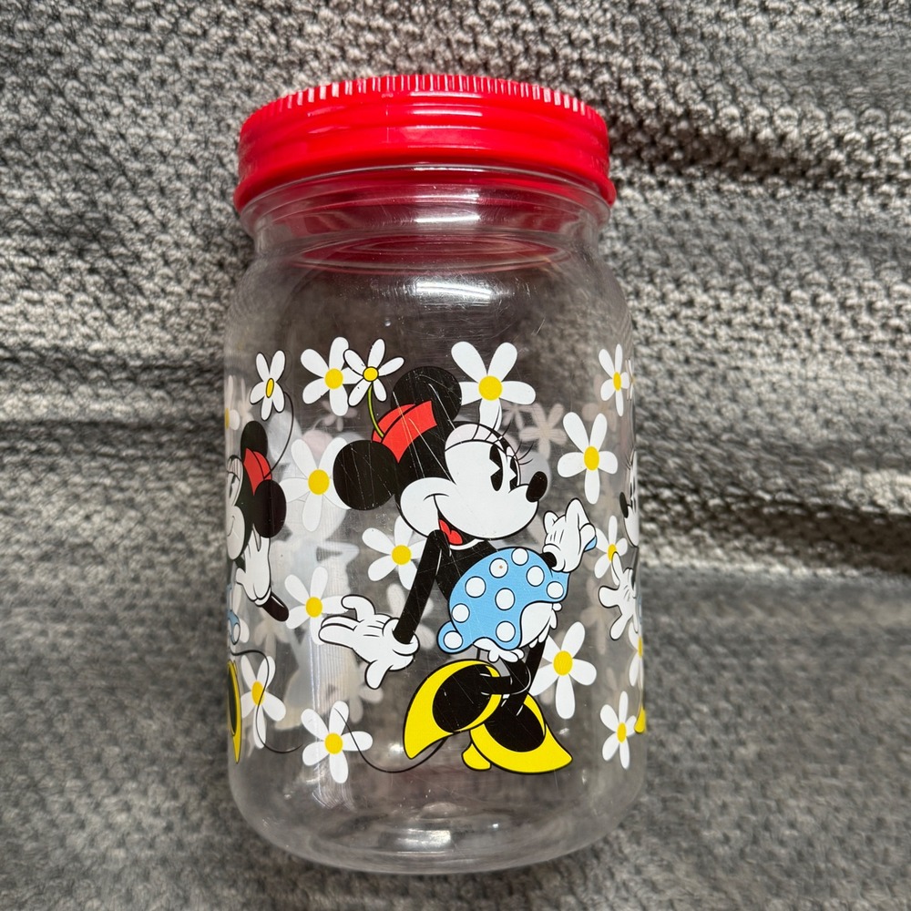 Disney Store Minnie Mouse Daisy Clear Plastic Tumbler Jar with Red Lid